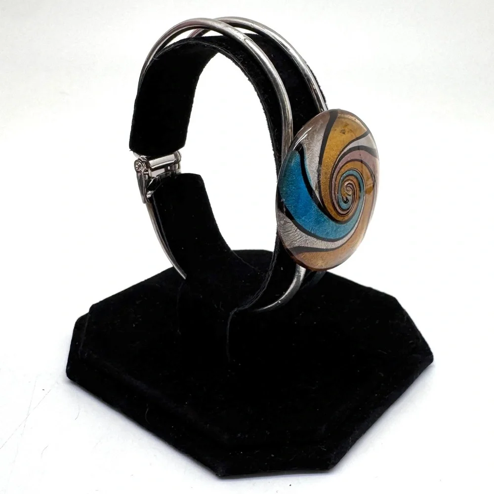 Vintage Dichroic Art Glass Silvertone Hinged Bangle Clamper Bracelet